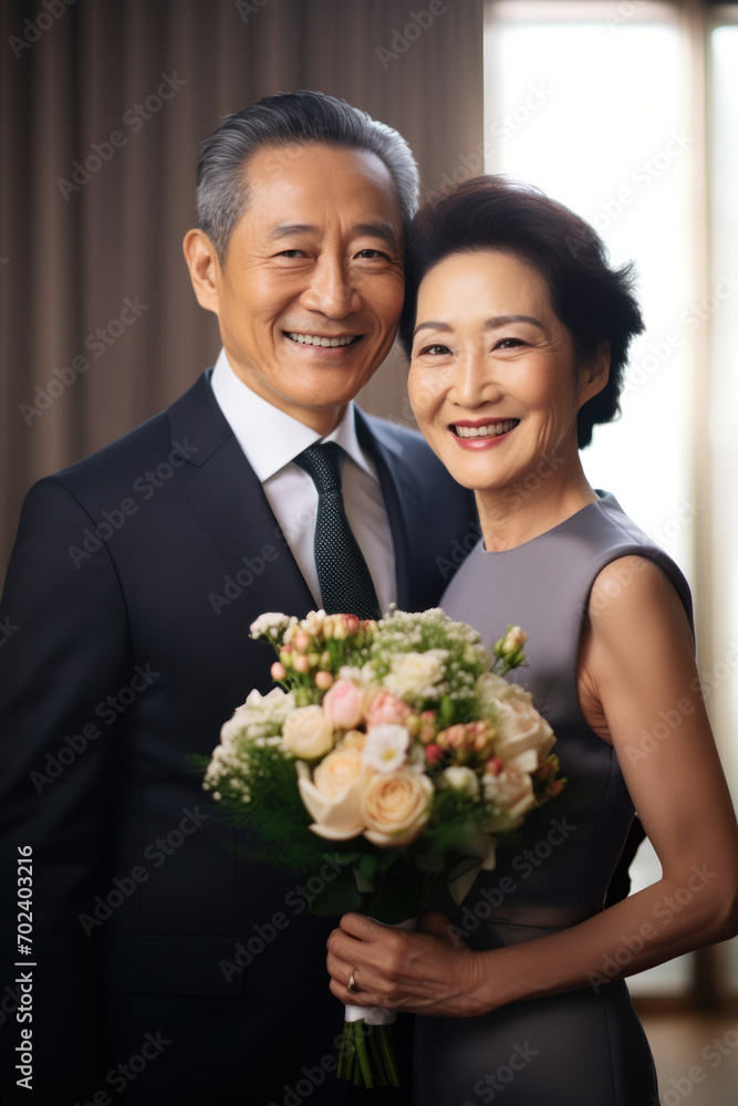 A happy Asian couple, embracing love and togetherness, celebrating a special day with a bouquet of flowers. A happy Asian couple, embracing love and togetherness, celebrating a special day with a bouquet of flowers.