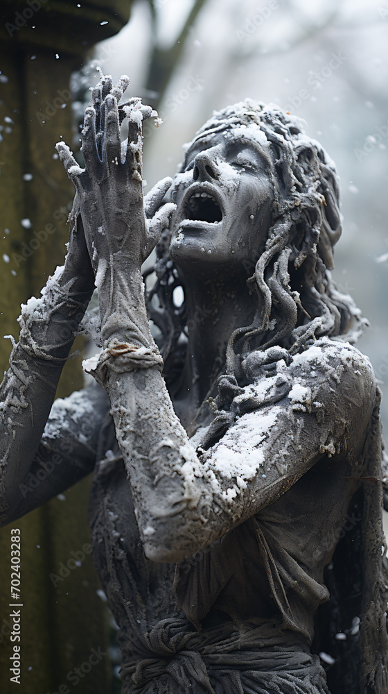 A Dark stone statue under the snow in Nordic screaming A Dark stone statue under the snow in Nordic screaming