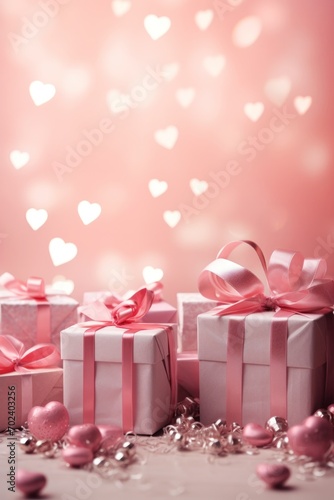 Valentine's Day gift box with red ribbon, heart, and bow, radiating love and festive charm. © Andrii Zastrozhnov