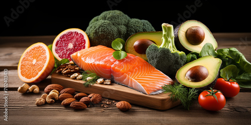 Healthy food for ketogenic diet concept on black background. Foods high in vitamins, minerals and antioxidants. A selection of foods including salmon avocado avocado and nuts selection of healthy food photo