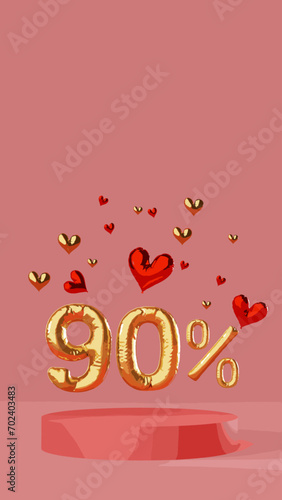 Golden 90% Discount Symbol with Heart Balloons on Pink Background