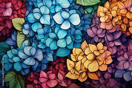 Hydrangeas Hortensia Flowers Pattern Painting, Retro Wildflower Textile Art, Romantic Greeting Card Background, Colorful Vintage Garden Design
