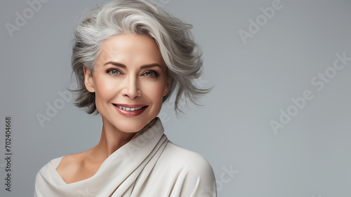 schöne Frau vor grauen oder schwarzen Hintergrund photo
