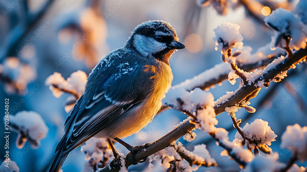 a little bird standing on a tree branch with frost in winter, generative AI a little bird standing on a tree branch with frost in winter, generative AI