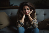 Panic attack in women the depressed young lady sitting on couch hugging head with hands