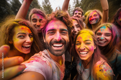 People taking a selfie together in group during a celebration party in the outdoor with happiness expressions and covered with vivid colors