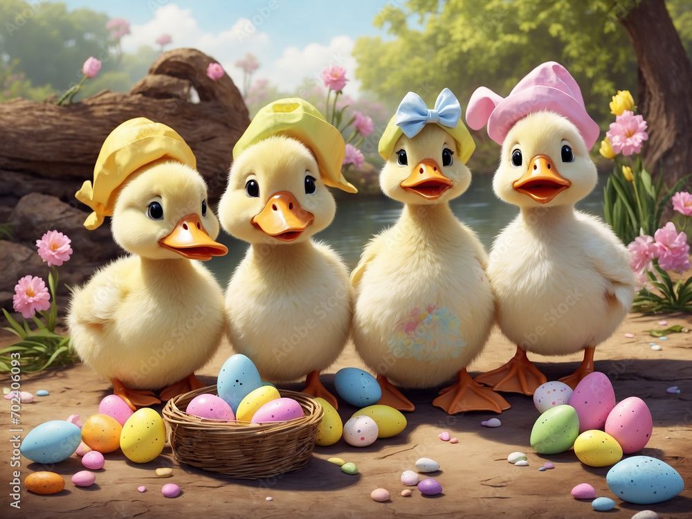 cute easter ducklings with eggs on a spring meadow. cute easter ducklings with eggs on a spring meadow.