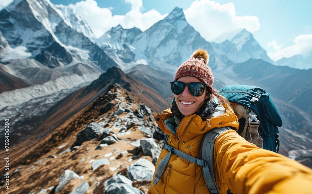 Everest Triumph: A smiling native woman with a backpack takes a selfie near the Everest summit, exuding joy and triumph in her incredible travel adventure through the Himalayas.


