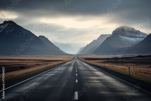 Empty asphalt road with mountains in the distance and cloudy sky