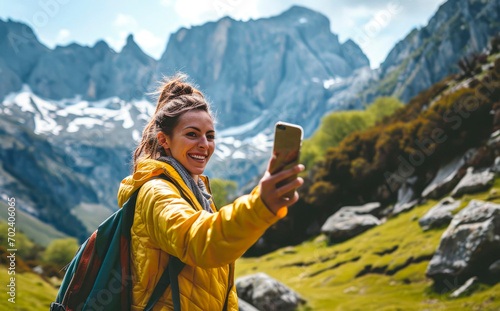 In the Cordillera Cantabrica of Spain, a smiling native woman with a backpack takes a selfie near Picos de Europa, portraying the joy and cultural richness of her travel adventure photo