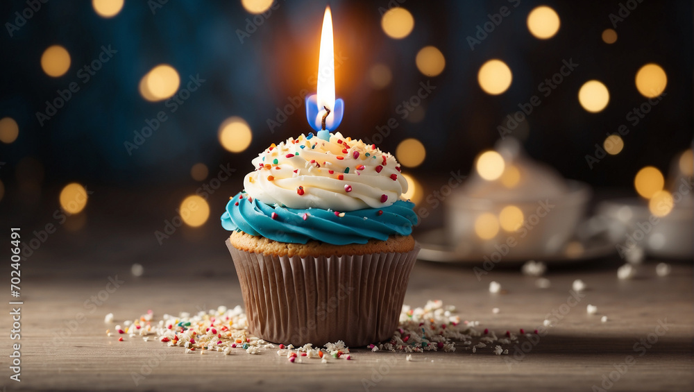 Birthday celebration cupcake with white and blue cream, with candle on blue background with bokeh.