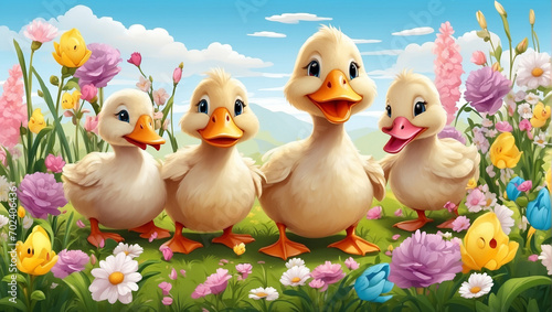 cute ducklings on a meadow with flowers