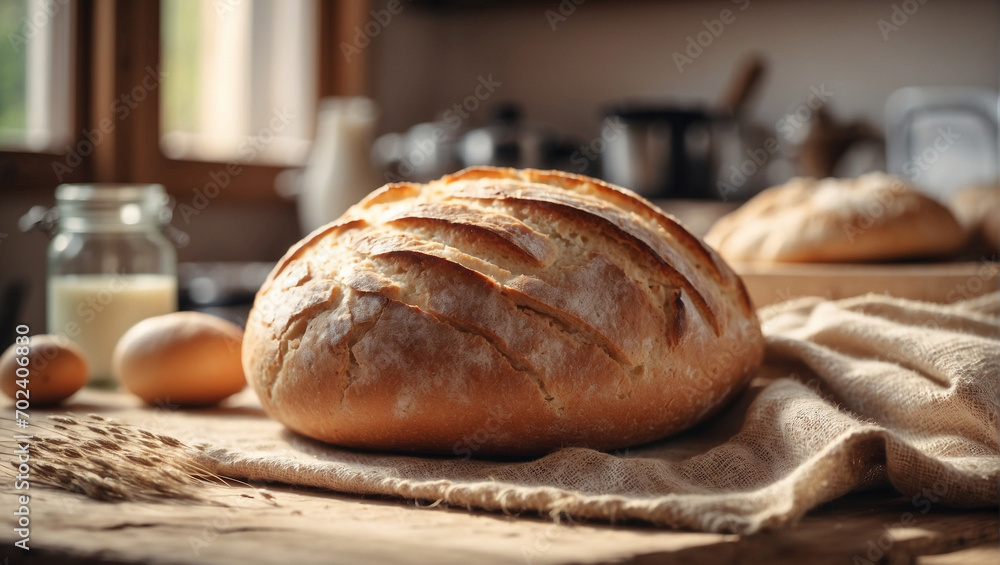 freshly baked homemade bread, in a bright kitchen freshly baked homemade bread, in a bright kitchen