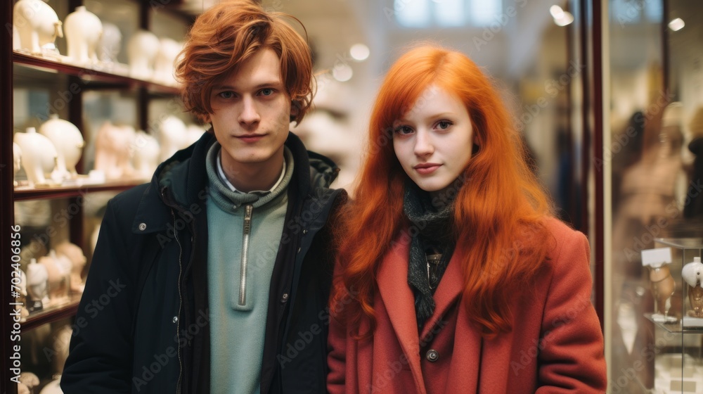 Redhead couple posing, seriously looking at camera. caucasian man and woman with natural red hair. Love, relationships, people diversity, natural beauty.