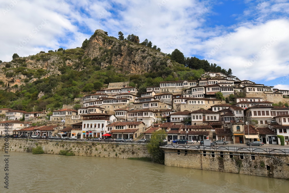 'Thousand Windows' or 'Windows over Windows' houses in Mangalem district seen from Osum river south bank. Berat-Albania-068