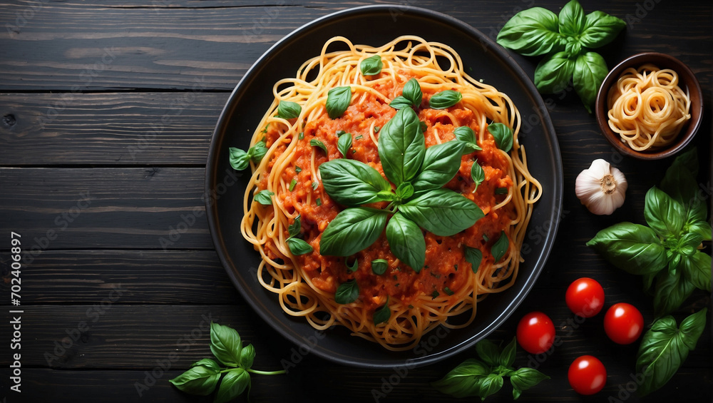 pasta with sauce in a black plate on a dark background. view from above pasta with sauce in a black plate on a dark background. view from above