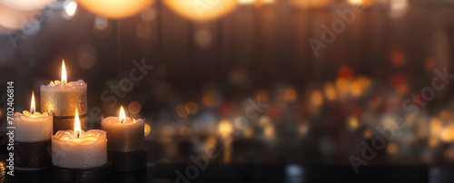 Candles burning in a temple, church. Panoramic banner, header hotel, event, tourism, travel. Generative AI.
