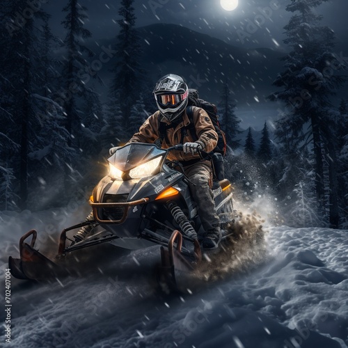 Young man riding a snowmobile in the winter forest at night.AI.