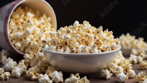popcorn in a plate and around it on a dark background