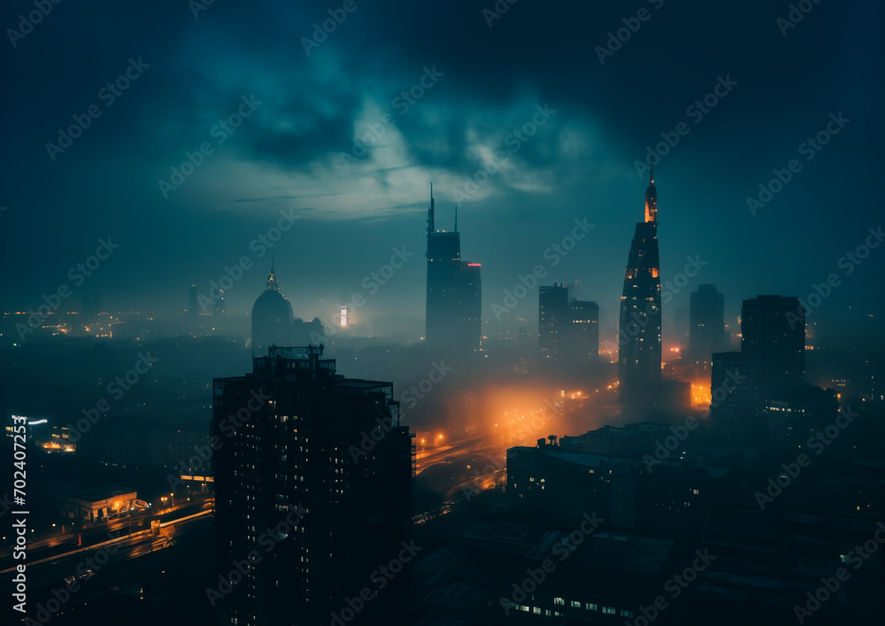 Night time landscape of city with neon lights and big skyscrapers