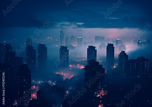 Night time landscape of city with neon lights and big skyscrapers