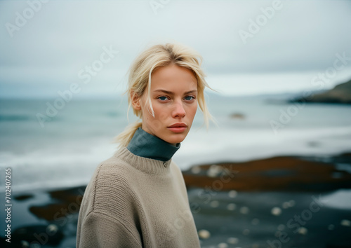 Young adult woman looking a tthe camera at the beach with sun on her skin © MadsDonald