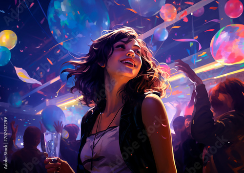 Young adult woman partying at a disco with confetti and lights