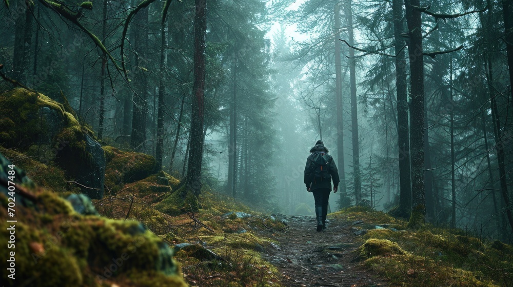Dark Forest, person tracking through the woods, wide shot, dense pine forest at dusk. Dark Forest, person tracking through the woods, wide shot, dense pine forest at dusk.