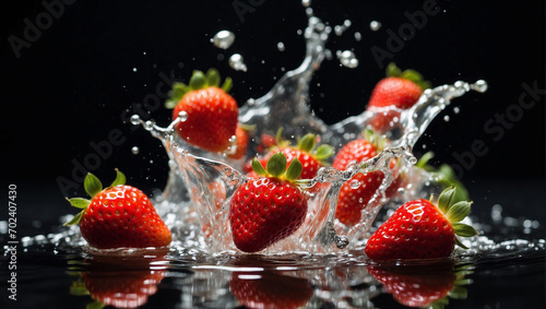 strawberries in splashes of water on a dark background
