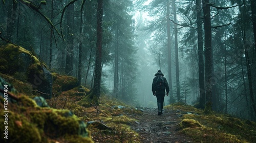 Dark Forest, person tracking through the woods, wide shot, dense pine forest at dusk.