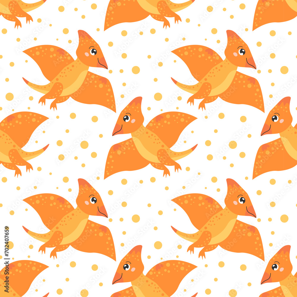 Seamless pattern, cute funny dinosaurs and tropical leaves on a white background. Kids print, textile, wallpaper, vector Seamless pattern, cute funny dinosaurs and tropical leaves on a white background. Kids print, textile, wallpaper, vector