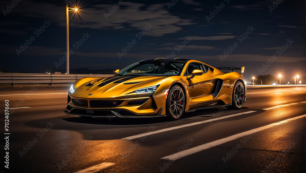 A gold luxury sports car on the highway