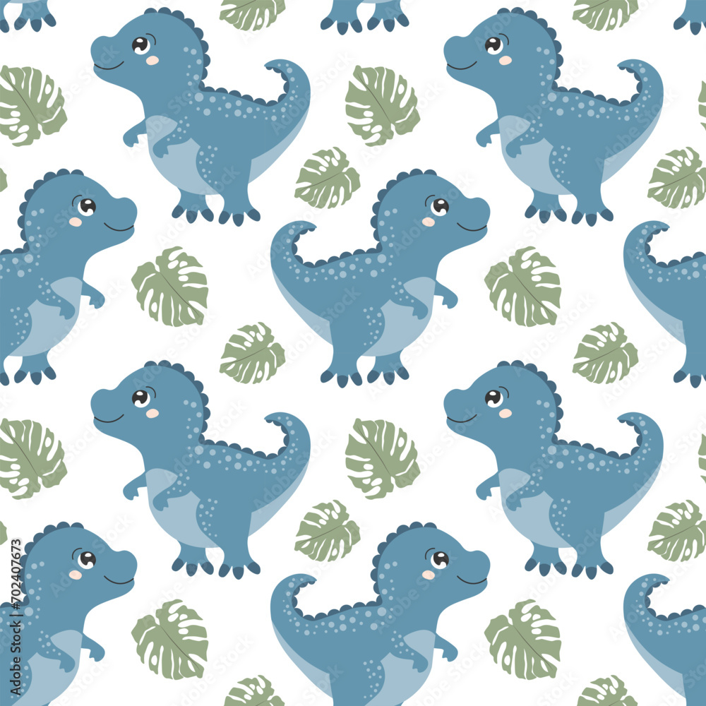Seamless pattern, cute funny dinosaurs and tropical leaves on a white background. Kids print, textile, wallpaper, vector Seamless pattern, cute funny dinosaurs and tropical leaves on a white background. Kids print, textile, wallpaper, vector