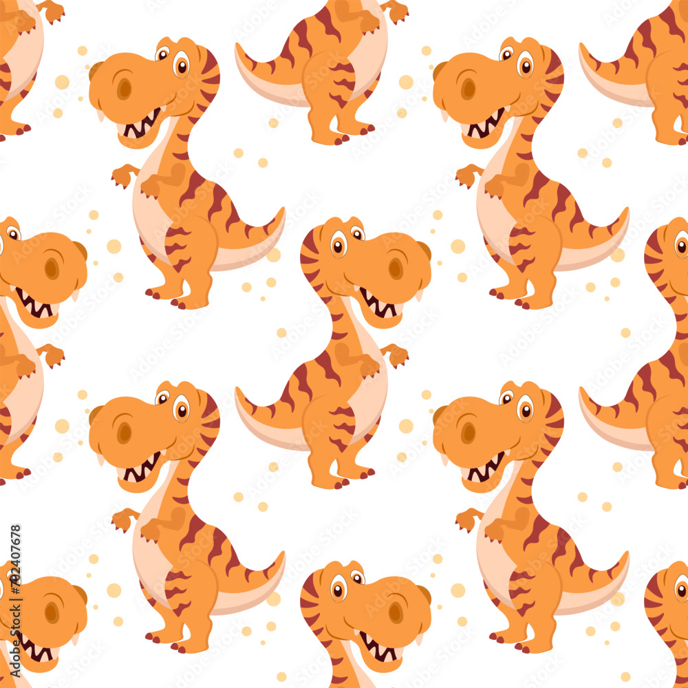 Seamless pattern, cute funny dinosaurs and tropical leaves on a white background. Kids print, textile, wallpaper, vector