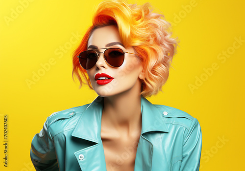 Woman with modern hairstyle with sunglasses, in studio background. AI generated © Alicina