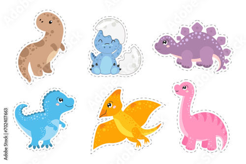 Set of cute funny dinosaurs. Baby print, animal icons, stickers, vector