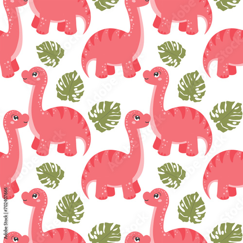 Seamless pattern  cute funny dinosaurs and tropical leaves on a white background. Kids print  textile  wallpaper  vector