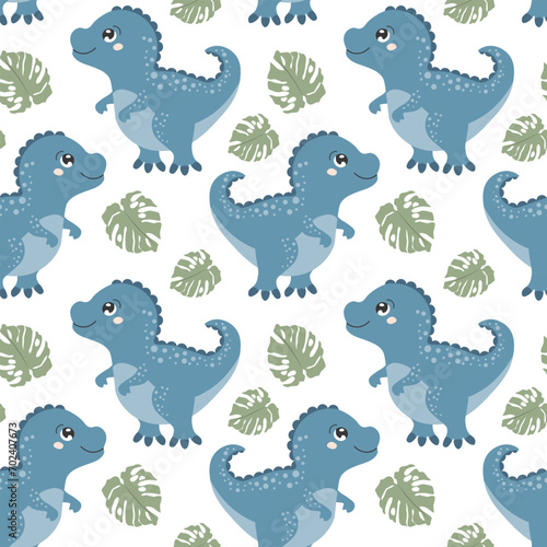 Seamless pattern  cute funny dinosaurs and tropical leaves on a white background. Kids print  textile  wallpaper  vector