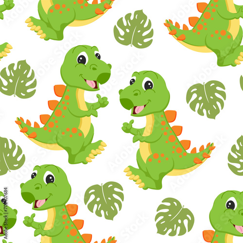 Seamless pattern  cute funny dinosaurs and tropical leaves on a white background. Kids print  textile  wallpaper  vector