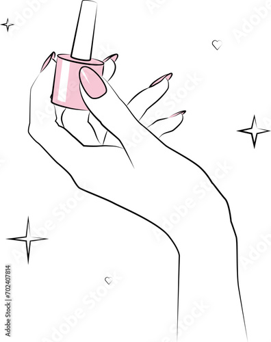 Isolated image of manicured hand holding nailpolish bottle. Line art. Vector illustration for nail salon	

