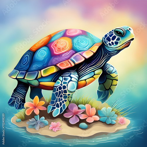 Colorful turtle on mini island cartoon photo