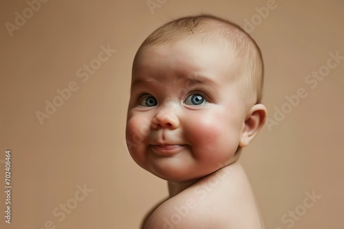 Cute four month old baby studio portrait beige background  candid  funny face
