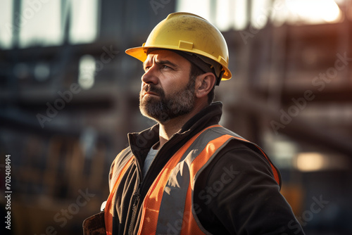 Seasoned Construction Worker Overseeing Site with Confidence