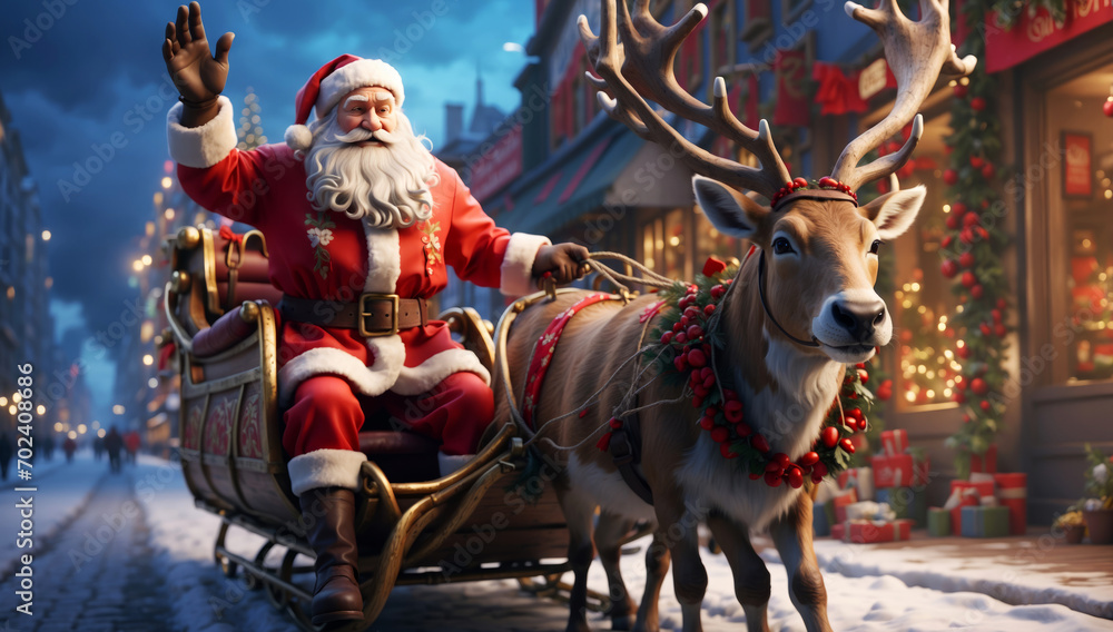 Santa Claus waves to people from his sleigh