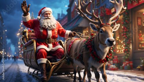 Santa Claus waves to people from his sleigh