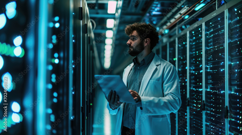 Fototapeta premium Focused IT professional using a laptop while standing in a server room with racks of network equipment illuminated by blue lights