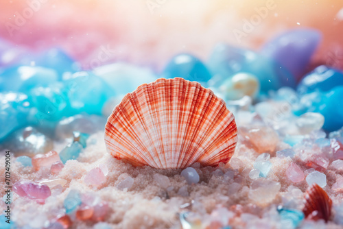 Shell on colorful crystals of sea salt background