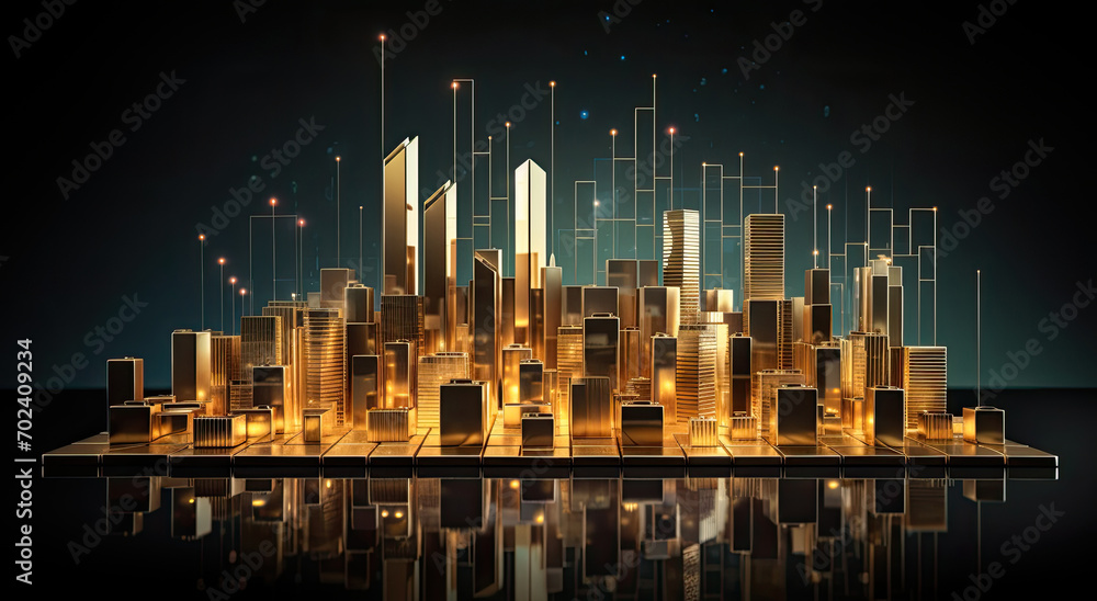 Golden city chart against a dark backdrop, illustrating financial growth, generative AI