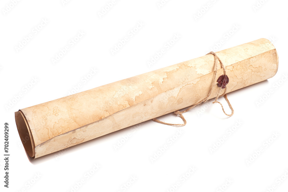 Fototapeta premium Scroll of vintage paper with sealing wax isolated on white