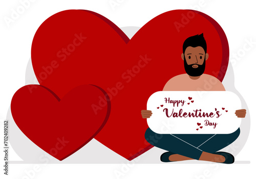 A man holds a Happy Valentine's Day greeting against a background of red hearts.